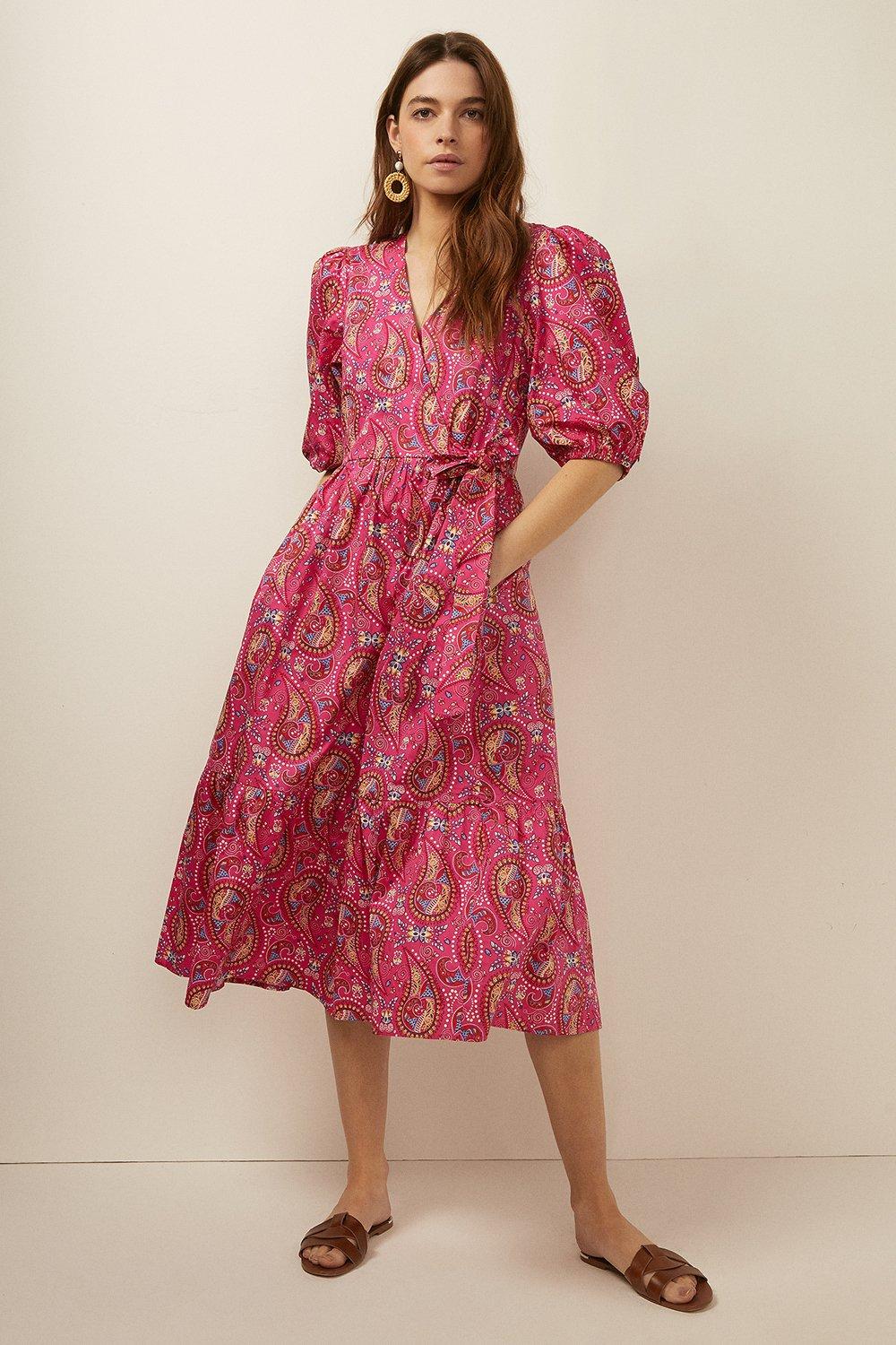 Printed Cotton Wrap Midi Dress | Oasis
